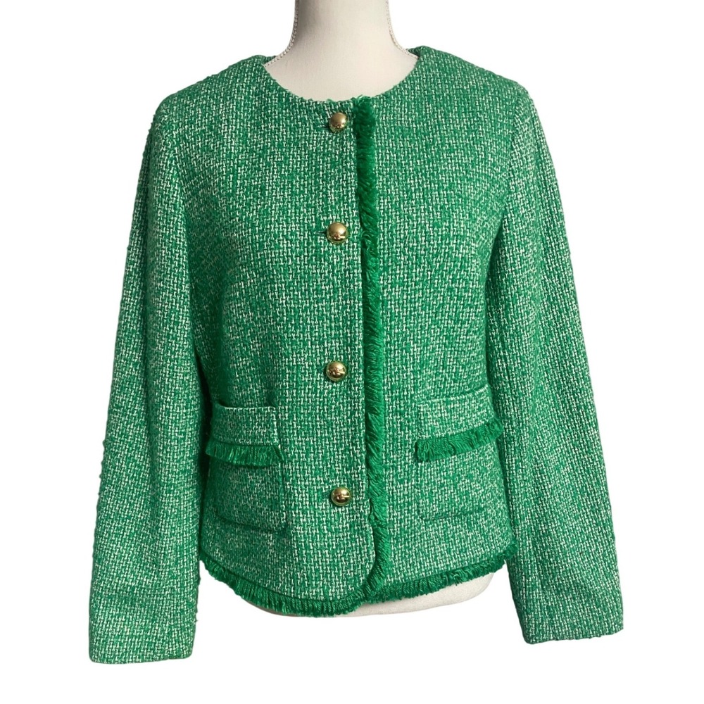 Talbots Green Tweed Boucle Collarless Blazer Jacket Women's 10